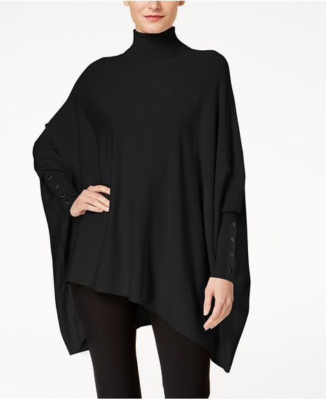 The oversized silhouette of Alfani's poncho sweater is emphasized by fitted, buttoned cuffs that extend almost to the elbow. #ad Macys Women, Turtleneck Poncho, Casual Pant, Sweaters Women, Womens Turtleneck, Poncho Sweater, Oversized Silhouette, Matching Family Outfits, Deep Black