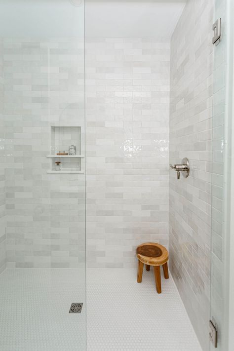 Hexagon And Subway Tile Bathroom, Modern Guest Bathroom Decor, Owners Suite Bathroom, Primary Suite Addition, Penny Tile Bathroom, Primary Bathroom Design, Eaton House, White Oak Vanity, Penny Tiles Bathroom