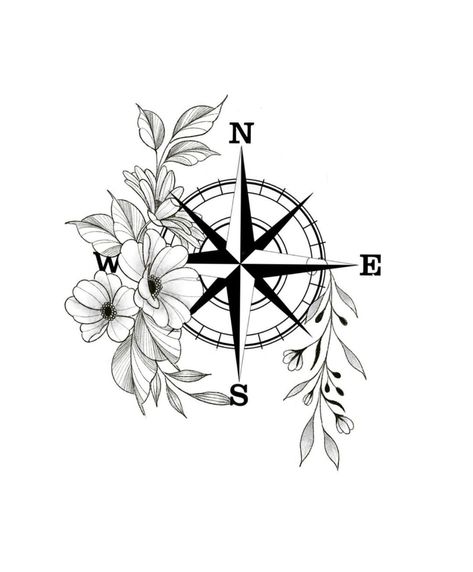 Compass With Flowers Tattoo Feminine, Neo Traditional Compass Tattoo, Compass Nails, Compass Tattoo With Flowers, Compass With Flowers Tattoo, Compass Flower Tattoo, Compass Tattoos For Women, Floral Compass Tattoo, Feminine Compass Tattoo Design