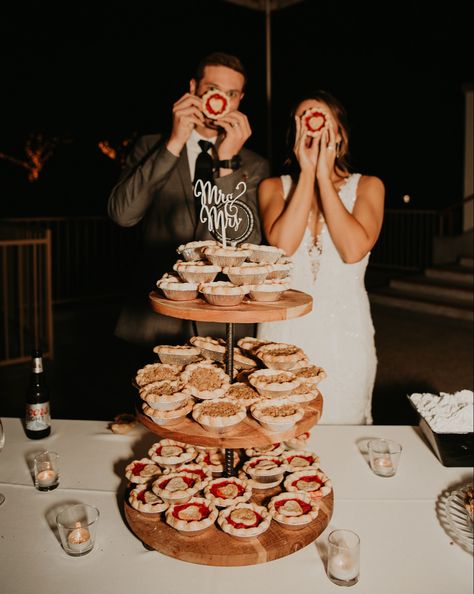 Non Traditional Wedding Desserts, Pecan Pie Wedding Cake, Mini Pie Dessert Table, Pie Wedding Table, Wedding Baked Goods, Mini Pie Bar Wedding, Mini Pie Table Wedding, Pies At Wedding, Pie Dessert Table Wedding