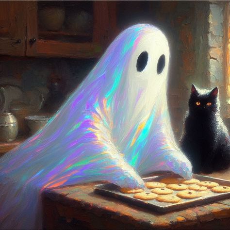 Illustration Kunst, Halloween Kunst, Halloween Artwork, A Black Cat, Ghost Cat, Landscape Canvas Art, Homemade Cookies, A Ghost, Art And Illustration