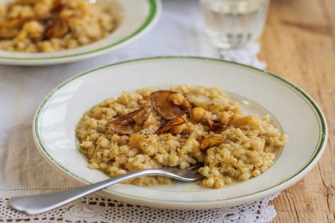 Jerusalem artichoke risotto with miso butter Artichoke Risotto, Truffle Risotto, Miso Butter, Olive Oil Butter, Deep Frying Pan, Pearl Barley, White Miso, Gut Microbiota, Soluble Fiber