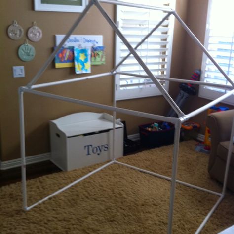 We made the PVC Fort we pinned! It's way bigger than I thought! Diy Pvc Fort, Pvc Toddler Bed, Pvc Fort Kit, Pvc Fort, Pvc Structures Frames, Pvc Pipe Fort, Diy Tp Tent For Kids, Kids Forts, Pvc Pipe Projects