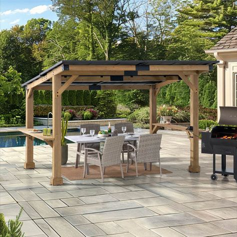 Sunjoy 10’ x 12’ Gazebo, Outdoor Patio Wooden Frame Grill Gazebo Backyard BBQ / Hot Tub Gazebo with Steel Roof, Power Port and Bar Shelves – Golden Bull Marketing Hot Tub Shelters, Gazebo Backyard, Bbq Gazebo, Gazebo Roof, Hot Tub Gazebo, Sunset Drive, Patio Grill, Bbq Essentials, Grill Gazebo