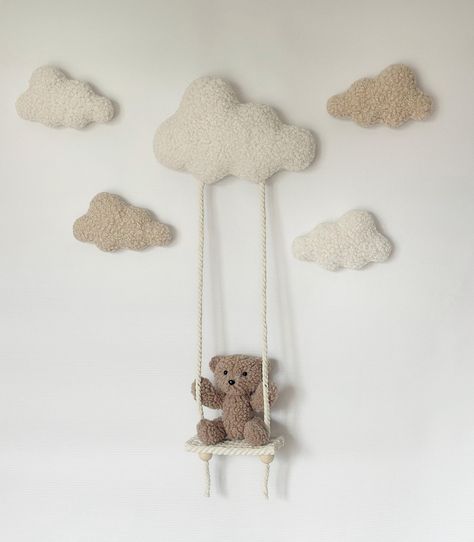 Wall decor clouds bear boucle Nursery neutral gender decor Soft wall decor Teddy bear clouds decor walls Hanging walls decor nursery Bear on a swing  An ideal, neutral wall decor for a children's room! A bear,clouds will perfectly decorate the wall near the baby's crib!  The decor is made of bouclé fabric, it is very soft and stylish!  We can make the color individually to match the decor, write to us and we will make all your wishes come true! Teddy Bear Room Decor, Teddy Bear Room, Bear Nursery Theme, Clouds Decor, Sky Nursery, Moon Wall Decor, Cozy Baby Room, Teddy Bear Nursery