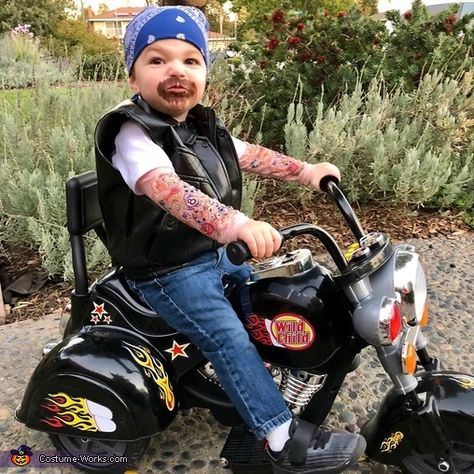 Biker Baby Costume | No-Sew DIY Costumes Baby Biker Costume, Biker Chick Costume, Biker Costume, Biker Baby, Chest Hair, Halloween Memes, Homemade Costume, Costume Works, Nct Memes