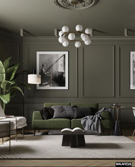 Dark Green Living Room Panelling, Edwardian Lounge Ideas, Green Media Wall Living Room, Green Panelling Living Rooms, U Couch, Monochromatic Living Room, Green Couch Living Room, Dark Green Living Room, Green Sofa Living Room