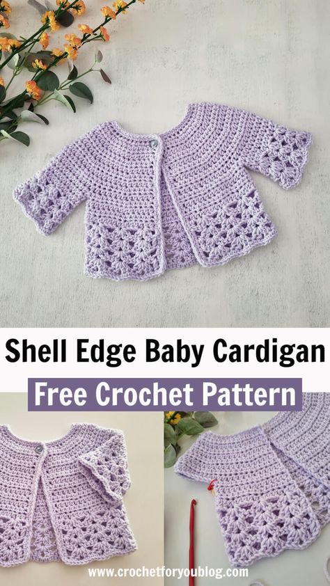 Crochet Shell Edge Baby Cardigan Free Pattern - Crochet For You Easy Crochet Baby Sweater, Toddler Cardigan Crochet Pattern Free, Crochet Baby Cardigan Free Pattern Easy, Baby Cardigan Crochet Pattern Free, Crochet Toddler Cardigan, Free Crochet Baby Patterns, Baby Crochet Cardigan, Crochet Baby Shrug, Baby Cardigan Crochet