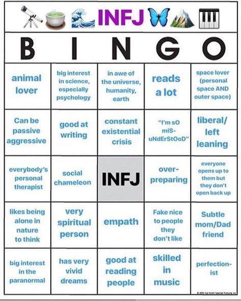 The INFJ Life on Instagram: “Let’s play INFJ bingo! #bingo #infj #fun #game #infjthings #infjlife #introvert #mbti #myersbriggs” Infj Bingo, Infj Brain, Infj 6w5, Personality List, Spiritual Person, Personality Assessment, Infj Type, Intj And Infj, Infj Mbti