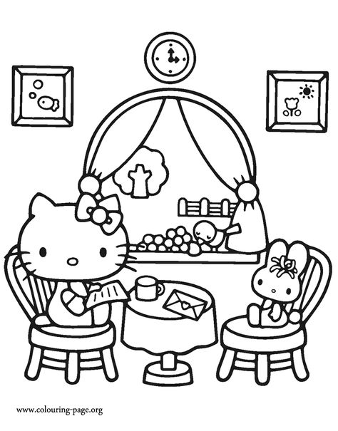 Look! Hello Kitty is having lunch with her friend at a beautiful restaurant. Have fun with this free printable Hello Kitty coloring page! Hello Kitty Coloring Pages, Kitty Coloring Pages, 헬로키티 배경화면, Hello Kitty Imagenes, Hello Kitty Colouring Pages, Images Hello Kitty, Hello Kitty Printables, Valentines Day Coloring Page, Valentine Coloring Pages