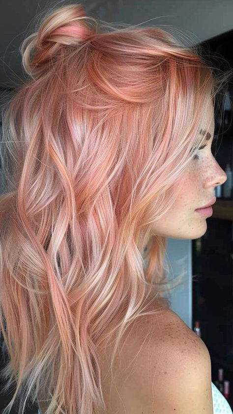 Rose And Blonde Hair, Platinum Blonde Hair With Rose Gold Highlights, Strawberry Milk Hair Color, Colorful Blonde Hair, Blonde Hair Rose Gold Highlights, Bronde Balayage With Pink, Colorful Balayage Hair, Strawberry Blonde Hair With Pink, Fairy Hair Color Ideas