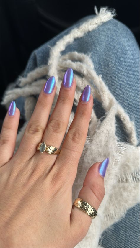 Chrome Dip Powder Nails Blue, Purple Blue Iridescent Nails, Purple Chromatic Nails, Barbie Purple Nails, Blue Barbie Nails, Arodecent Nails, Purple Chrome Dip Powder Nails, Purple Iredesant Nails, Chrome Nails Blue Purple