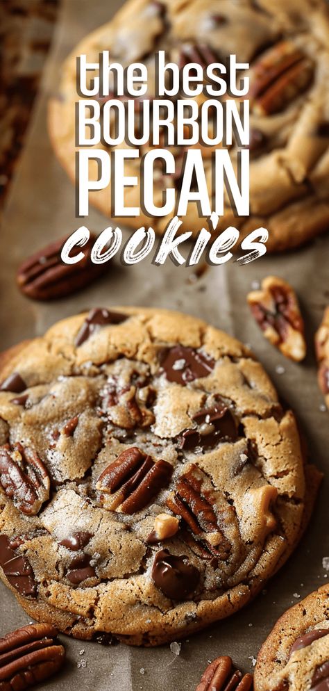 Brown Butter Bourbon Pecan Chocolate Chunk Cookies [30 Minutes] – Chasety Brown Butter Pecan White Chocolate Chunk, Oatmeal Toffee Pecan Cookies, Bourbon Shortbread Cookies, Desserts With Whiskey, Whiskey Cookies Recipe, Bourbon Pecan Chocolate Chip Cookies, Brown Butter Recipes Baking, Cookies With Pecans Recipes, Brown Butter Bourbon Pecan Cookies