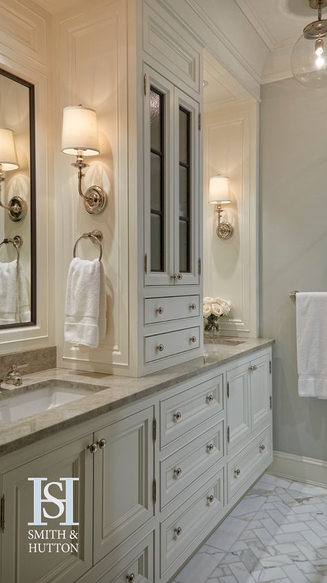 The custom cabinetry in this Beacon Hill guest bathroom was designed by Smith & Hutton and inspired by the steel casement windows that overlook the Commons. The inset mirrors are retained with painted black moulding to mimic leaded glass. • Architecture and Interior Design: Smith and Hutton Architects • Photo Credit: Daniel Newcomb Timeless Bathroom, Bath Inspiration, Bad Inspiration, Master Bath Remodel, Bathroom Design Decor, Bathroom Remodel Designs, Bathroom Remodel Shower, Dream Bathrooms, Elegant Bathroom