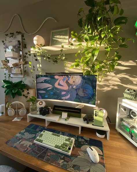 Transforming my desk into a green sanctuary for the ultimate gaming and productivity boost! Swipe to see all the details. 🌱✨ #DeskInspo #GamingSetup #cozyvibes #GamingSetup #DeskGoals #AestheticDesk #PlantDecor #HomeOffice #TechSetups #WorkspaceGoals #InteriorDesign #GreenSpace #Inspo #DailyDesk #IGGaming #OfficeInspo #DeskTour #PlantLover #Instagamer #TechInspo Pink And Green Desk Setup, Cute Gaming Setup Green, Plant Gaming Setup, Desk Setup Green, Green Desk Setup, Green Gaming Setup, Green Setup, Work Nook, Ocean Room Decor