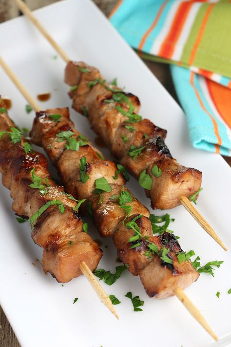 Beer, BBQ and Kebobs... all in one! Stout-Marinated Pork Kebobs Pork Kebobs, Recipes Using Pork, Meat Stick, Marinated Pork, Sriracha Sauce, Pork Loin, The Deck, Fresh Cilantro, Cooking Meat