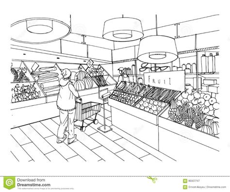 Supermarket Interior, Hand Drawn Vector Illustrations, Shopping Places, White Illustration, Shop Plans, Sketches Easy, Black And White Illustration, Shop Logo, Shop Signs