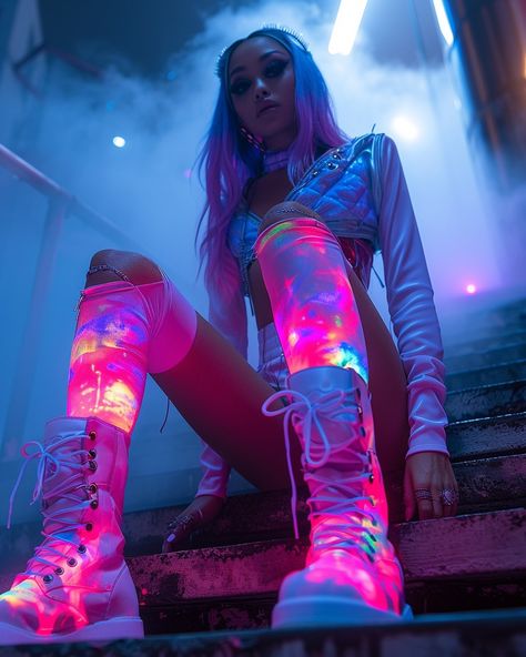 Neon boots 💖 Starfield Aesthetic, Neon Boots, Rave Aesthetic, Egirl Fashion, Alien Aesthetic, Secret Room, Neon Outfits, Rave Girl, Neon Fashion