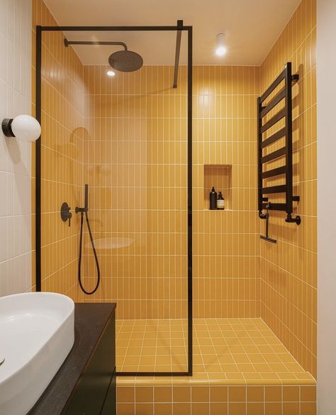 Yellow Shower Room, Yellow Grout Bathroom, Yellow Subway Tile Bathroom, Yellow Shower Tile, Yellow Tile Bathroom Ideas, Hex Tiles Bathroom, Yellow Tile Bathroom, Yellow Bathroom Tiles, Yellow Stairs