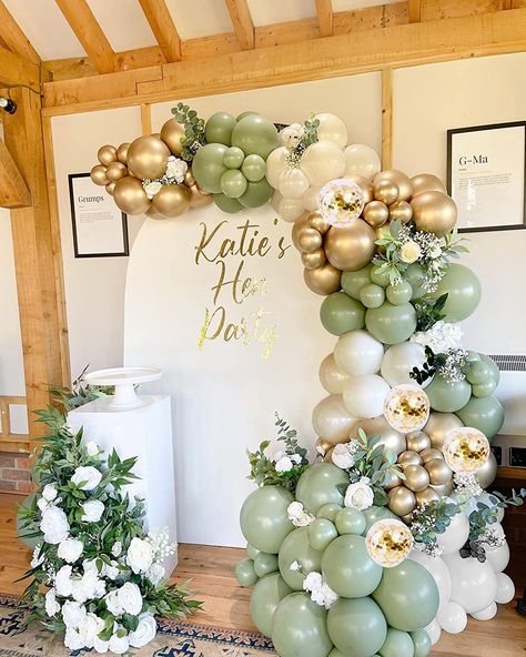 Balloon Garland Green And Gold, White And Green Birthday Decorations, Engagement Party Ideas Sage Green, Sage And Gold Balloon Arch, Sage White And Gold Balloon Arch, Sage Green Wedding Balloon Arch, Amazon Birthday Decorations, Sage And Gold Balloon Garland, Green Balloon Decorations For Birthday