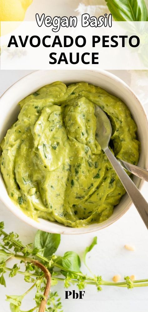 a bowl of avocado basil pesto sauce with text "vegan basil avocado pesto sauce" Vegan Pesto Sauce, Pesto Sauce Recipe, Spices Recipes, Basil Pesto Sauce, Avocado Dessert, Avocado Pesto, Vegan Parmesan Cheese, Vegan Pesto, Veggie Noodles