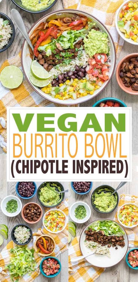 This vegan burrito bowl recipe is inspired by Chipotle but cheaper and healthier because you make it at home. The perfect meal prep! #plantbasedrecipes #veganmexican Vegan Chipotle Bowl, Burrito Bowl Chipotle, Chipotle Veggie Bowl, Veggie Burrito Bowl, Vegan Burrito Bowl, Vegan Copycat, Wfpb Vegan, Healthy Burrito Bowl, Vegan Bowl Recipes