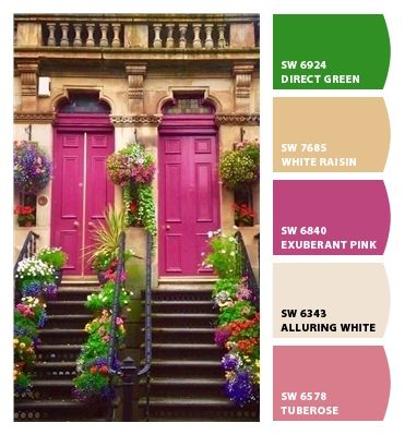 Sherwin Williams Hot Pink, Fuschia And Green Color Palette, Hot Pink And Green Color Palette, Exuberant Pink Sherwin Williams, Lime Green And Pink Color Palette, Sherwin Williams Exuberant Pink, Maximalist Color Palette, Boho Entryway, Sherwin Williams Green