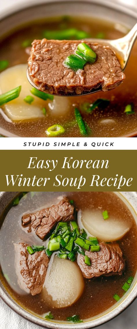 Image for Easy Korean Winter Soup Recipe Korean Beef Broth Soup, Hot Soups For Winter, Health Asian Recipes, Korean Bone Broth Soup, Healthy Korean Soup Recipes, Best Winter Dinners, Winter Dishes Comfort Foods, Korean Dishes Recipes Simple, Prime Rib Soup Leftover