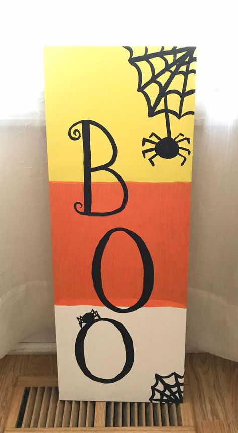 Happy Fall Signs Wooden, Tomato Cage Halloween Ideas, Hand Painted Halloween Signs, Halloween Canvas Ideas Easy, Halloween Painting On Wood, Halloween Wood Painting, Boo Signs For Halloween Diy, Boo Signs For Halloween, Diy Halloween Signs Wood