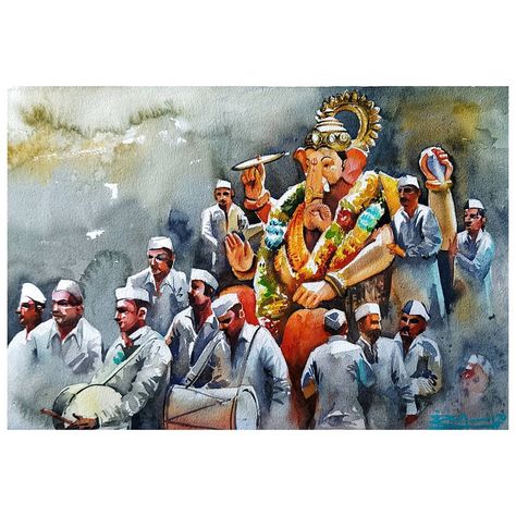 Ganesh Utsav Memory Drawing, Memory Drawing Of Ganesh Festival, Ganpati Visarjan Drawing, Ganesh Chaturthi Memory Drawing, Indian Festival Memory Drawing, Memory Drawing For Intermediate, Watercolor Indian, Memory Drawing, Ganpati Bappa Morya