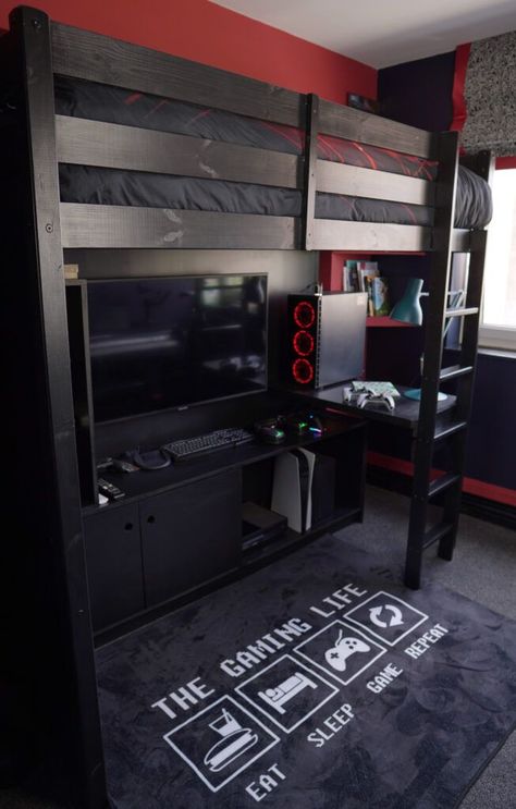 Gaming Bunk Bed Ideas, Modern Loft Bed Gaming, Cute Room Ideas For A Small Room, Gaming Under Loft Bed, Cool Gaming Bedroom, Bunk Bed Game Room, Cool Gaming Bedroom Ideas, Kid Gamer Bedroom, Bunk Bed Gaming Setup