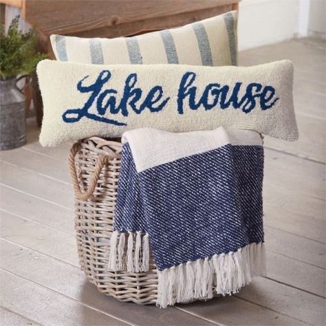 Navy Cottage Living Room, Lake House Throw Pillows, Fun Lake House Decor, Nautical Lake House, Lakehouse Living Room Ideas Cottage, Lake House Necessities, Lakeside Cottage Decor, Lake Cabin Bedroom Ideas, Lakehouse Entryway Ideas