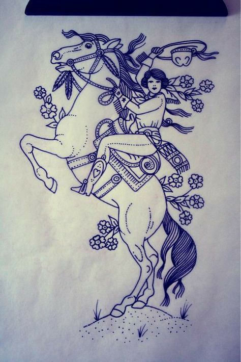 Traditional Cowgirl Horse Tattoo, Ride It Like You Stole It Tattoo, Vintage Horse Tattoo, Cowgirl On Horse Drawing, Cowgirl Horse Tattoo, Trad Horse Tattoo, Horse Back Tattoo, American Traditional Horse Tattoo, Cowboy Horse Tattoo