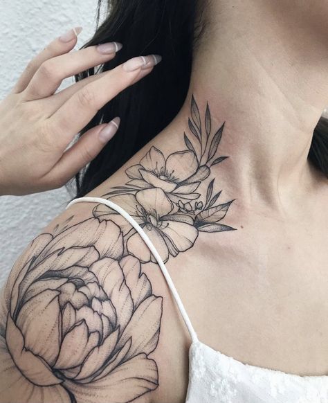 Neck To Shoulder Tattoo Women, Womens Neck Tattoos, Flower Neck Tattoo, Neck Tattoos Women, Shoulder Tattoos For Women, Half Sleeve Tattoo, Feminine Tattoos, Skull Tattoos, Popular Tattoos