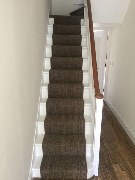 Brown Carpet Installation to Stairs Dark Brown Stairs, Brown Stairs, Tufted Leather Couch, Nature Core, Stairs Rug, Earls Court, Dark Carpet, Hall Carpet, Sisal Carpet