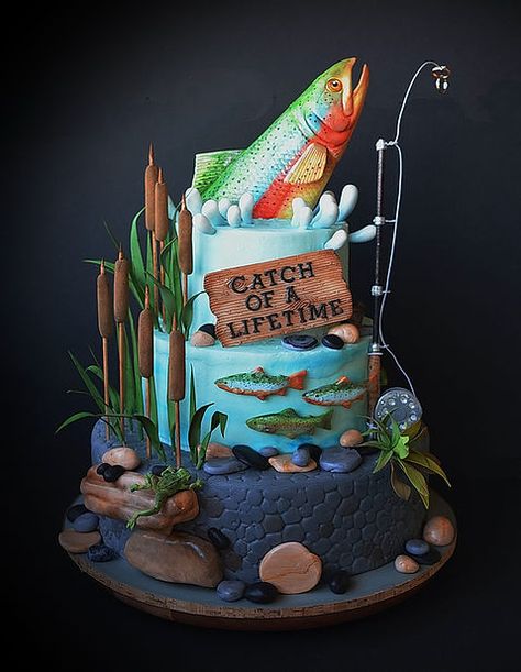 Bass Fish Cake, Fishing Birthday Cake, Fishing Theme Cake, 60th Bday Ideas, Fishing Cakes, Birthday Party Cake Ideas, Fish Cake Birthday, Party Cake Ideas, Grad Cake