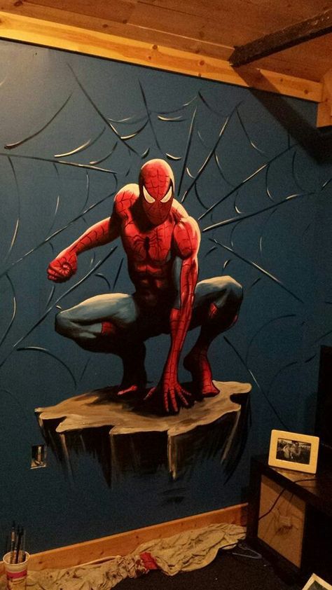 Marvel Bedroom Paint Wall Colors, Spiderman Mural Bedroom, Spiderman Wall Painting, Spiderman Mural, Marvel Mural, Avengers Painting, Marvel Bedroom, Spiderman Painting, Spiderman Room