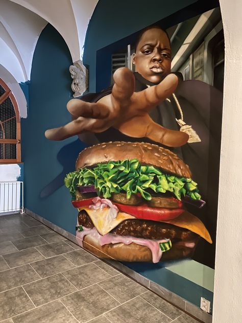 Street Art Food Graffiti, Food Graffiti Art, Graffiti Food Art, Burger Graffiti, Restaurant Graffiti, Graffiti Restaurant, Graffiti Food, Graffiti Cafe, Street Murals Graffiti