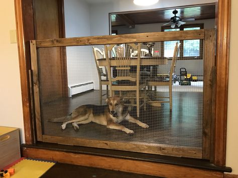 Custom built dog gate! Slides right in and out. Custom Dog Gates, Indoor Gates, Igloo Dog House, Wooden Dog Gates, Diy Dog Gate, Dog Barrier, Dog Kennel Cover, Diy Dog Kennel, Tallest Dog