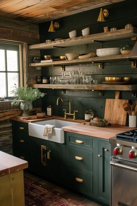 Wood Countertops With Green Cabinets, Green Colonial Kitchen, Green Kitchen Dark Wood, Kitchen Green And Wood, Dark Olive Green Kitchen Cabinets, Dark Green And Wood Kitchen, Green And Gold Kitchen Ideas, Kitchen Green Accents, Wood And Green Kitchen