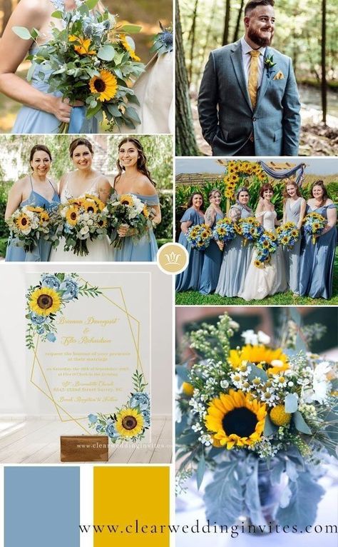 Sunflower Yellow Wedding Theme, Yellow Dusty Blue Wedding, Dusty Blue Sage Green Yellow Wedding, Light Blue Sunflower Wedding, Dusty Blue Wedding With Sunflowers, Summer Wedding Sunflowers, Dusty Blue And Yellow Wedding Theme, Dusty Blue And Sunflower Wedding, Sunflower And Blue Wedding