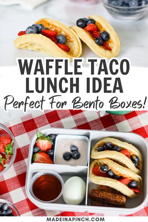 Pinterest Pin: Two stuffed waffle tacos above an egg bite above a bento lunch box filled with waffle tacos, sausage links, hard boiled egg, and yogurt dip. Text overlay reads "Waffle Taco Lunch Idea - Perfect For Bento Boxes!" Website: madeinapinch.com. Breakfast Bento Box Ideas, Waffle Tacos, Breakfast Bento, Family Meals Kid Friendly, Waffle Taco, Easy Bento, Healthy Kid Friendly Meals, Lunch Box Idea, Easy Taco Recipes