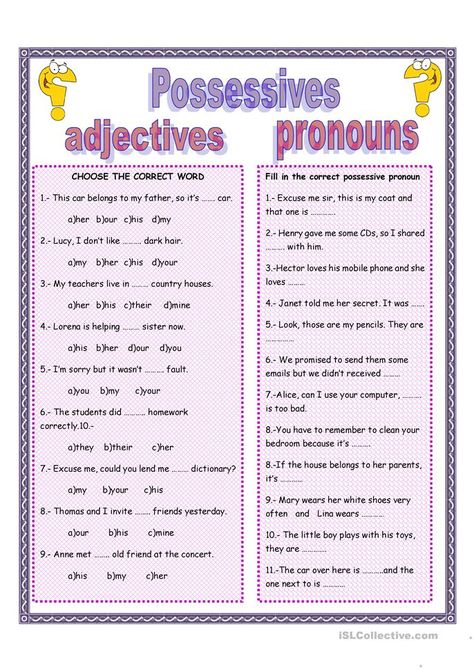 POSSESSIVE ADJECTIVES AND PRONOUNS - English ESL Worksheets for distance learning and physical classrooms Adjective Pronouns Worksheet, Possessive Adjectives Worksheets, Posessive Pronouns, Possessive Pronouns Worksheet, Possessive Adjectives And Pronouns, Adjectives For Kids, Esl Flashcards, Pronoun Activities, Articles Worksheet