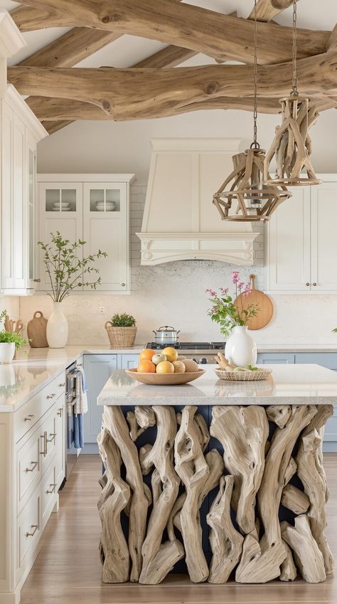 Coastal Kitchen Designs Driftwood Kitchen Island, White Coastal Kitchen, Driftwood Kitchen, Kitchen Flooring Ideas, Coastal Kitchen Design, British Colonial Decor, Rustic Coastal, Sea Decor, Colonial Decor