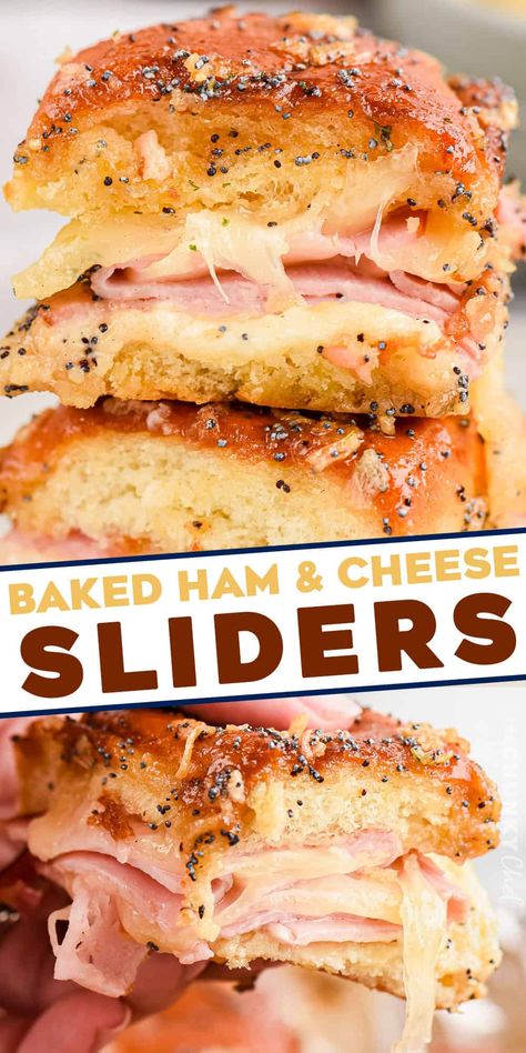 These Baked Ham and Cheese Sliders are made with pillowy and sweet Hawaiian slider buns, savory black forest ham, gooey Swiss cheese, and topped with a buttery honey dijon sauce flecked with onion and poppy seeds! They're the perfect appetizer for game day or any party, and will feed a crowd! Honey Dijon Sauce, Baked Ham And Cheese Sliders, Ham Sauce, Ham And Swiss Sliders, Ham Sliders, Ham And Cheese Sliders, Dijon Sauce, Black Forest Ham, Cheese Sliders