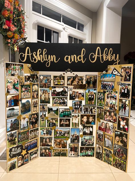 Picture Board Grad Party, Collage Of Pictures On Poster Board, Graduation Pictures Boards Display, Birthday Picture Board Ideas, Graduation Party Boards, Poster Board Photo Display, Graduation Party Poster Boards, Graduation Picture Table Display, Photo Wall Collage Party