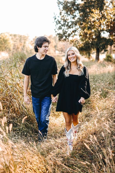 Fall Engagement Pictures Black Outfit, Engagement Photos With Black Dress, Black Dress And Cowgirl Boots, Western Dress Couple Photoshoot, Black Dress Cowgirl Boots Outfits, Dress Tall Black Cowgirl Boots, Black Dress With Cowgirl Boots, Black Western Engagement Photos, Black Dress Cowboy Boots Outfit