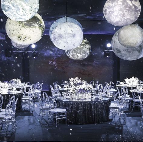 Moon And Stars Prom Theme, Moon Themed Restaurant, Space Theme Bridal Shower Ideas, Celestial Wedding Decor Starry Nights, Space Themed Wedding Reception, Star And Moon Quinceanera Theme, Space Theme Quinceanera, Outer Space Wedding Theme, Blue Moon Party