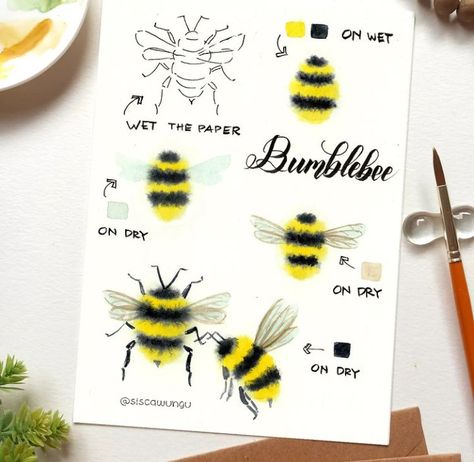 Watercolour Bees Easy, Acrylic Painting Tips For Beginners, Simple Watercolor Tutorial, Watercolor Drawing Ideas, Bumblebee Watercolor, Watercolor Bumble Bee, Bee Watercolor, Learn Watercolor Painting, Learn Watercolor