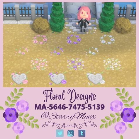 ACNH Flower Circle, Heart Stone, and Sparkles in White, Pink, and Purple Acnh Heart Stone Path, Acnh Purple Flower Design, Acnh Circle Design, Acnh Purple Flowers, Acnh Paths Designs Purple, Acnh Floral Design, Acnh Purple Design, Animal Crossing Heart Path, Acnh Flower Stone Path